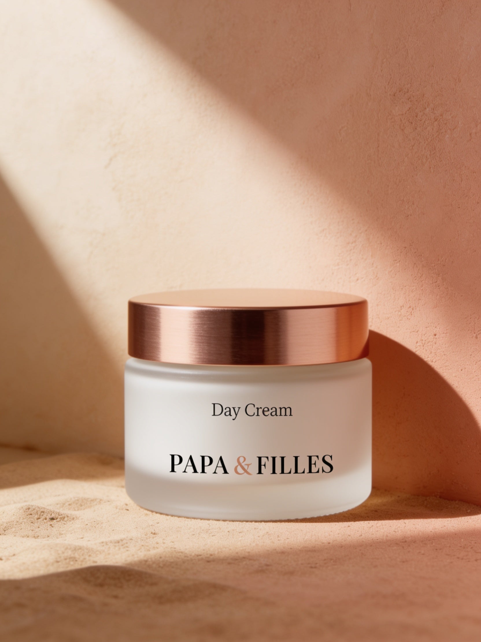 PAPA & Filles Day Cream jar on a soft warm beauty background